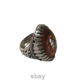 Vintage 925 Sterling Silver Ring Brown Yemeni Aqeeq Agate Stone Men Jewelry Gift