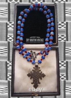 Vintage Art Deco Venetian Chevron Trade Beads African Coptic Cross Necklace Gift