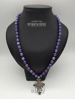 Vintage Art Deco Venetian Chevron Trade Beads African Coptic Cross Necklace Gift