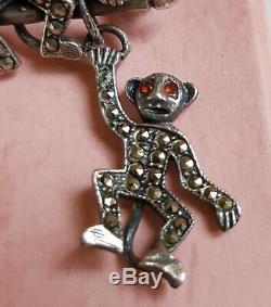 Vintage Rare Art Deco Silver Marcasite Monkey Bar Brooch. Perfect gift