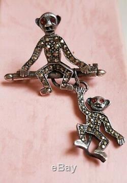 Vintage Rare Art Deco Silver Marcasite Monkey Bar Brooch. Perfect gift