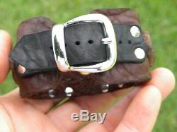 Vintage sterling silver button Bison leather cuff bracelet adjustable nice gift