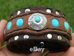 Vintage sterling silver button Bison leather cuff bracelet adjustable nice gift