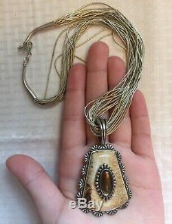 Vtg 60's GiftOld Pawn Navajo Native A Sterling Silver Opal NecklaceFree Ship
