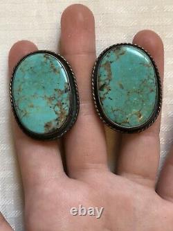 Vtg Dead Pawn Navajo GiftHuge Sterling Silver Royston Green Turquoise Earrings