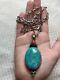 Vtg GiftHuge Dead Pawn Navajo Sterling Silver Green Turquoise Pendant Necklace