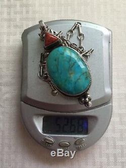 Vtg GiftHuge Dead Pawn Navajo Sterling Silver Green Turquoise Pendant Necklace