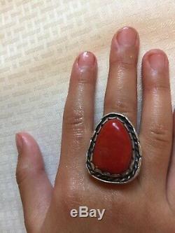 Vtg Old Dead Pawn GiftNavajo N. A. Sterling Silver Red Coral RingSz8Free Ship