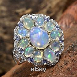 Welo Opal Tanzanite Cluster Ring Sterling Silver Gift Jewelry for Women Size 5