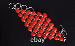 Wide Coral Bracelet 925 Sterling Silver Synthetic Gemstone Jewelry Gift For Men