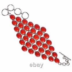 Wide Coral Bracelet 925 Sterling Silver Synthetic Gemstone Jewelry Gift For Men