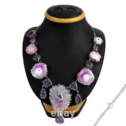 Woman Gift Natural Druzy Snake Rutile Cluster Necklace 925 Silver Jewelry G39