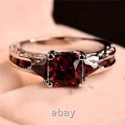 Women Silver Plated Princess Cut Garnet Red Ruby Wedding Ring Party Jewelry Gift