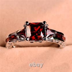Women Silver Plated Princess Cut Garnet Red Ruby Wedding Ring Party Jewelry Gift