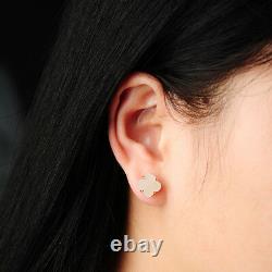 Women jewelry Earrings White Jade Lucky clover 925 Sterling Silver Ear Stud GIFT