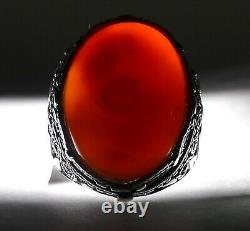 Yemeni Jewelry 925 Sterling Silver Red Eye Agate Aqeeq Mens Authentic Ring