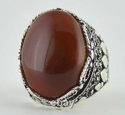 Yemeni Jewelry 925 Sterling Silver Red Eye Agate Aqeeq Mens Authentic Ring