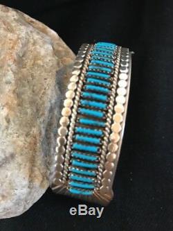 Zuni Native American Sterling Silver Blue Turquoise Needle Point Bracelet Gift