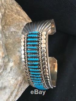 Zuni Native American Sterling Silver Blue Turquoise Needle Point Bracelet Gift